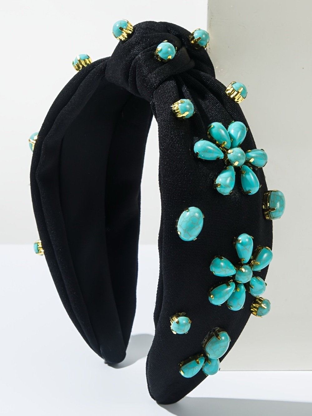 Black Knotted Headband with Faux Turquoise Bead Accents